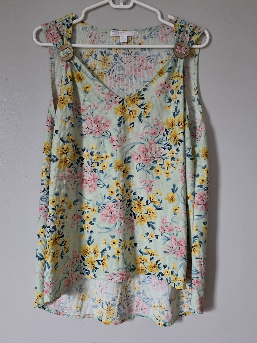 Floral V-Neck Tank Top in Mint with Pink & Yellow Flowers